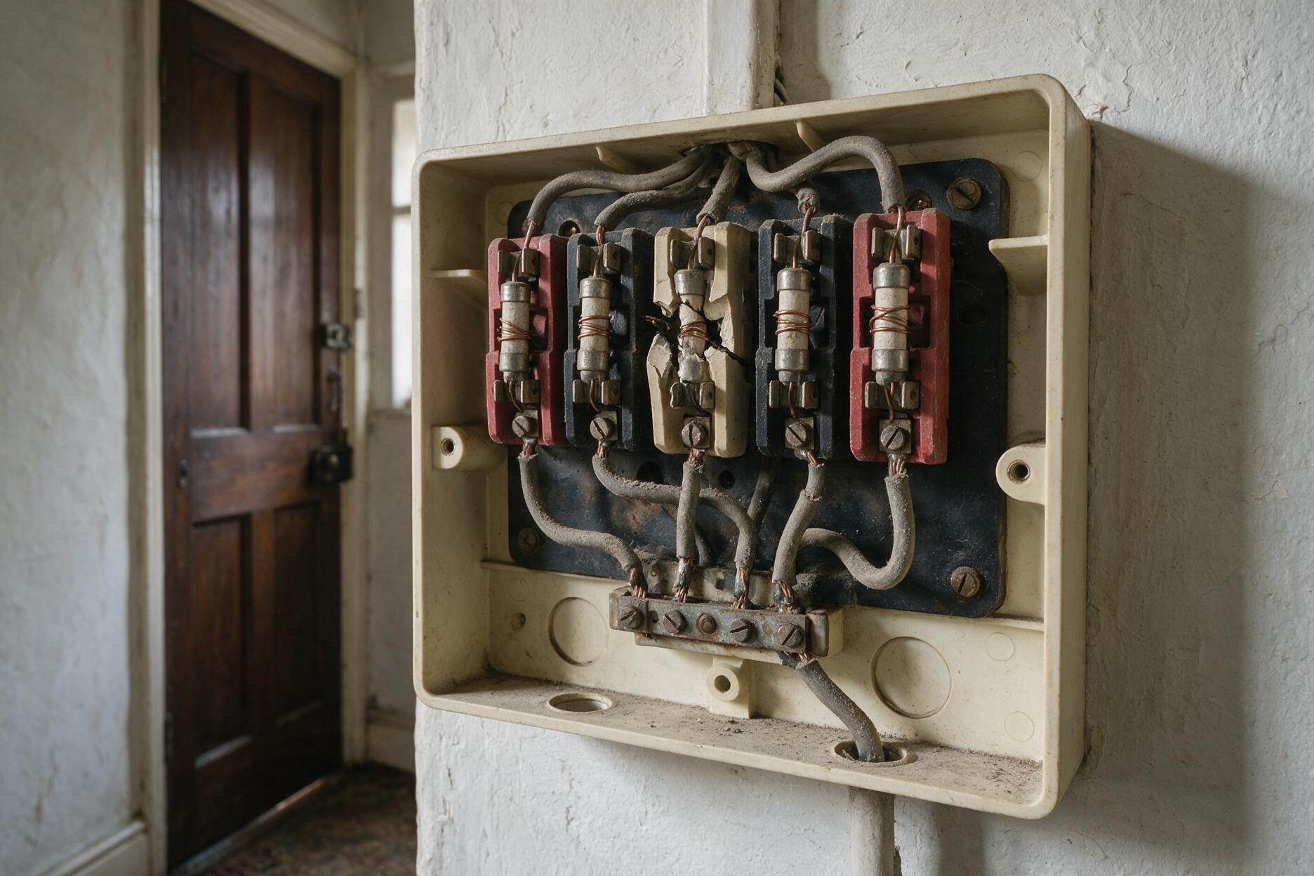 An old rewireable fuse box with aged wiring